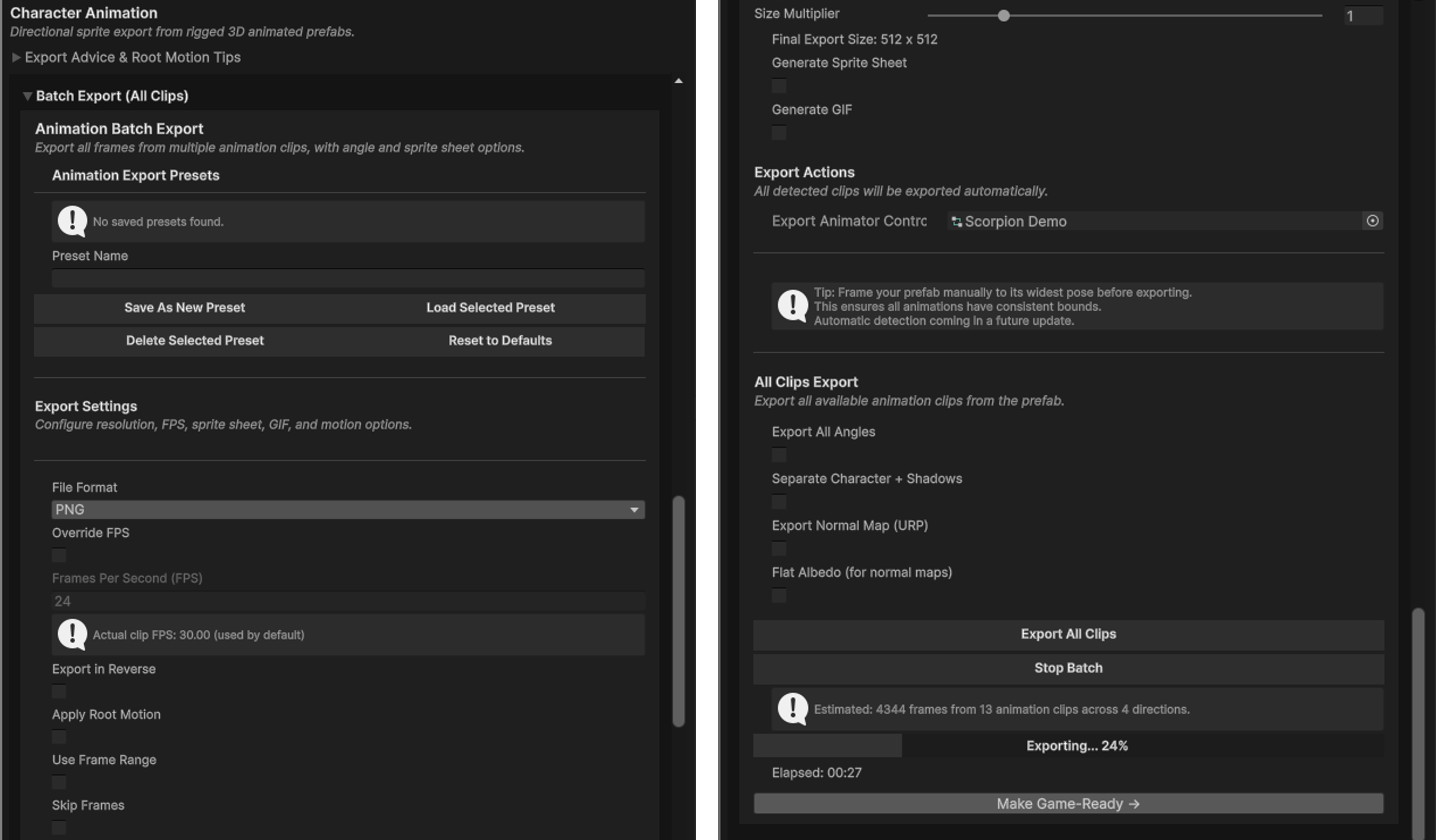 The Export Selected Clip section with sheet and shadow options and the export buttons