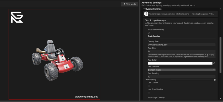 The Overlay Settings section with text overlay controls and effects