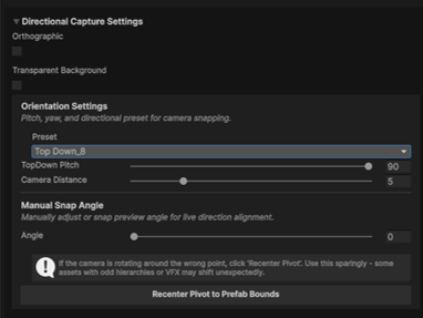 The Directional Capture Settings foldout with preset, pitch, and snap-angle controls