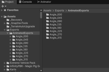 The exported Angle_### subfolders in the Project window, one per facing