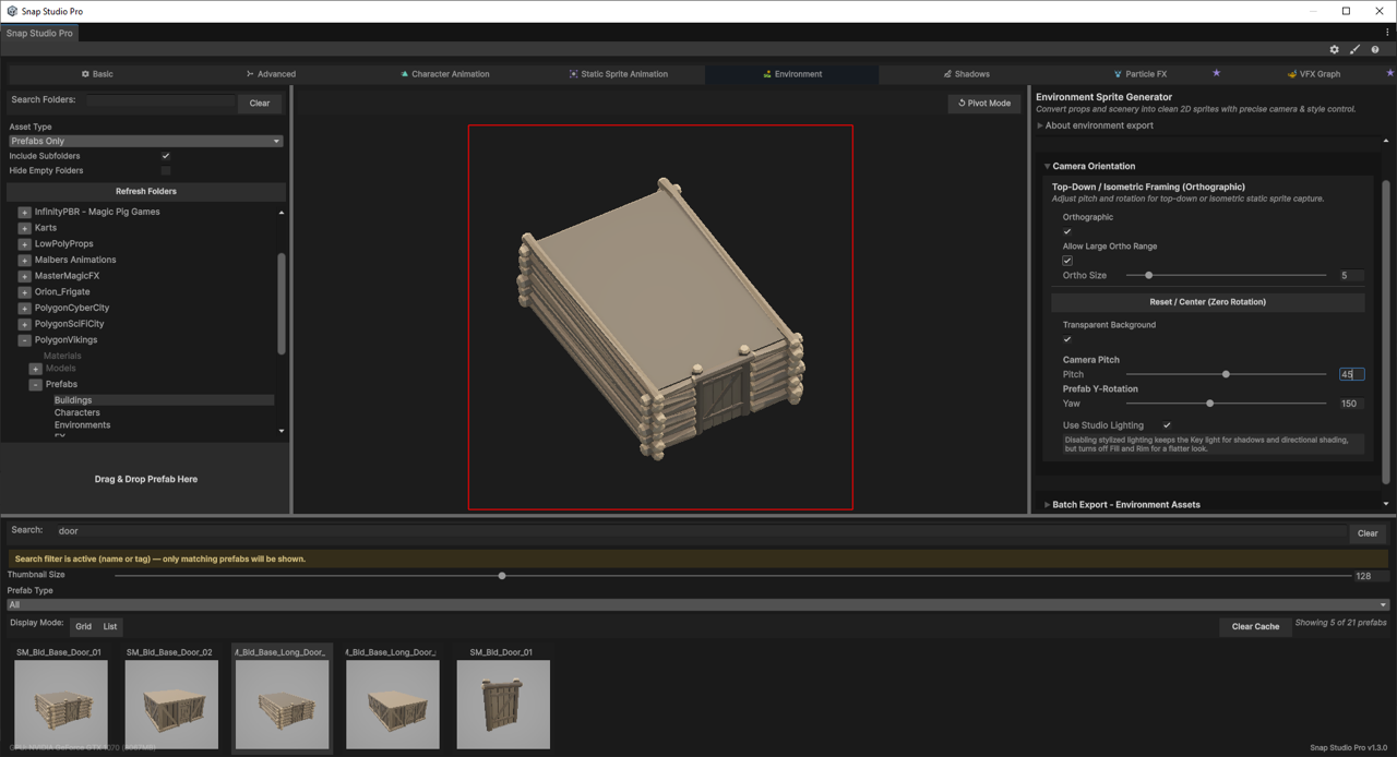 The Environment tab with a scenery prefab in top-down orthographic framing