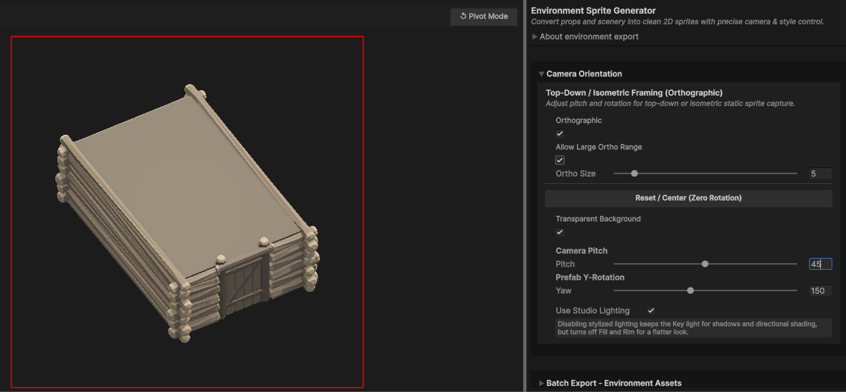 The environment camera panel with orthographic top-down controls