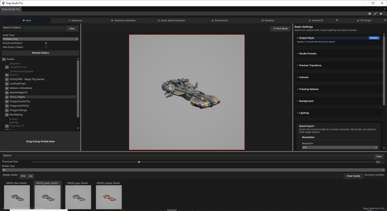 A prefab loaded into the live preview, auto-framed and lit