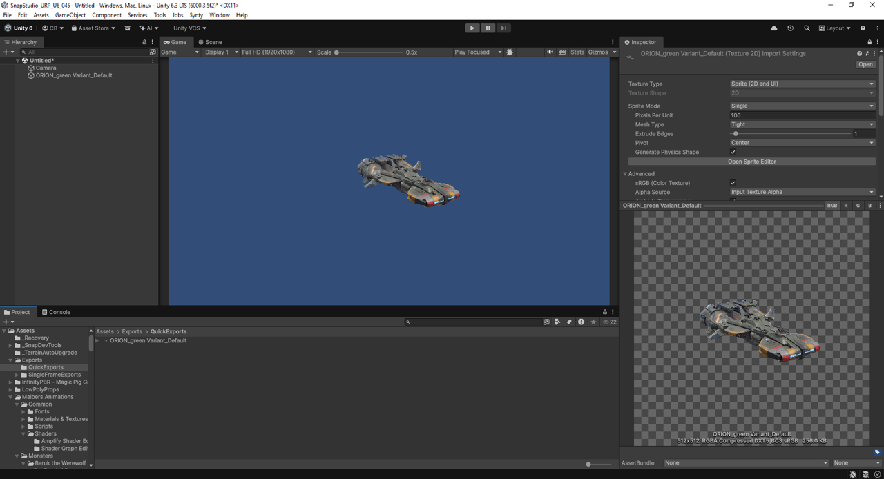 The exported sprite in the Project window, imported as a Unity Sprite