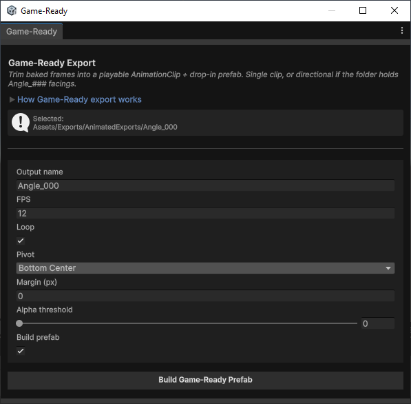 The Game-Ready Export window with a folder selected