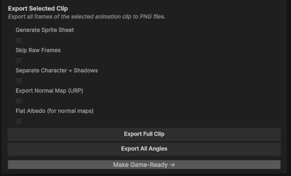 The Make Game-Ready button beneath a finished frame export