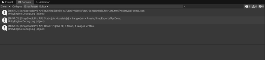 The Snap Capture API summary dialog listing jobs run, succeeded, failed, and images written