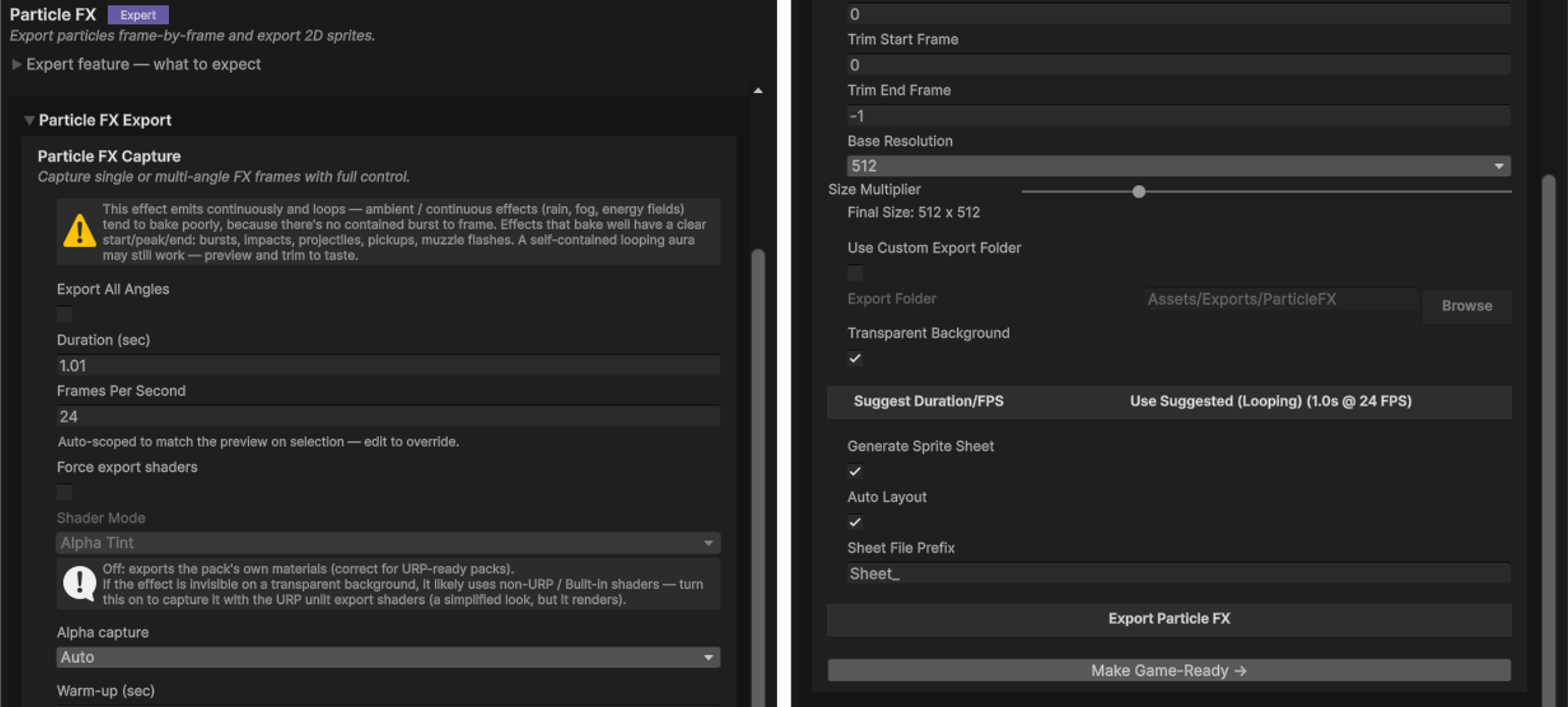 The Particle FX Export controls: duration, FPS, alpha capture, warm-up, and trim