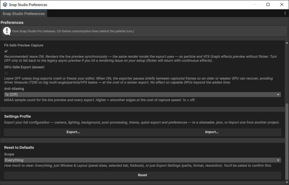 The Settings Profile card in Preferences, with Export and Import buttons