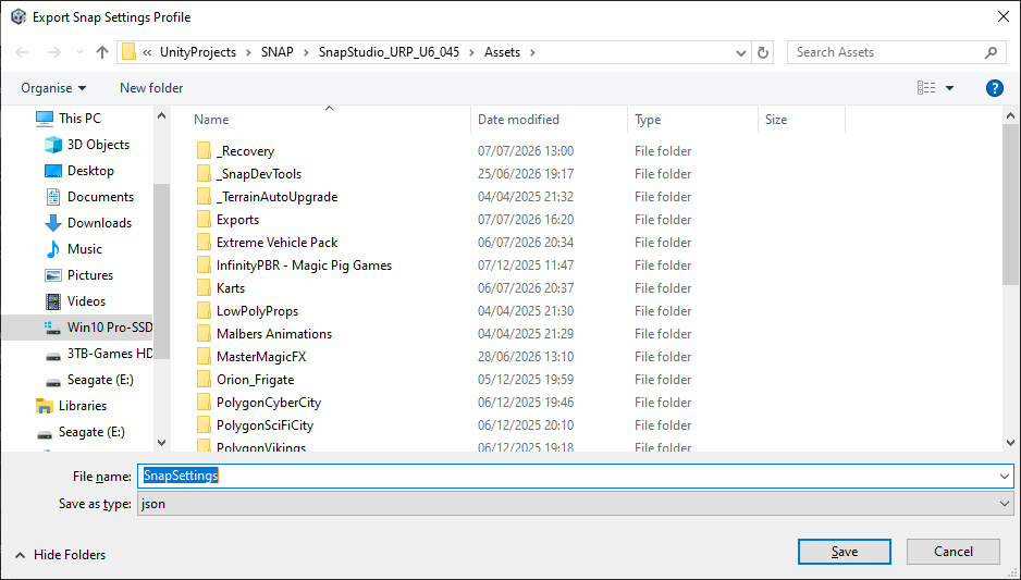 The Export save-file dialog with the default SnapSettings.json filename