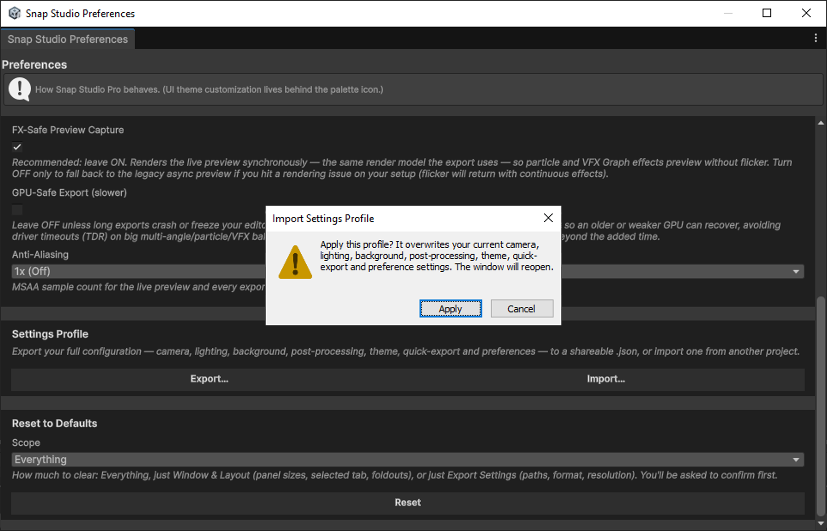 The Import Settings Profile confirmation dialog listing overwritten domains