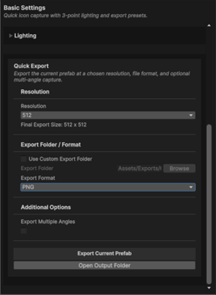 The Quick Export panel on the Basic tab, with a prefab loaded