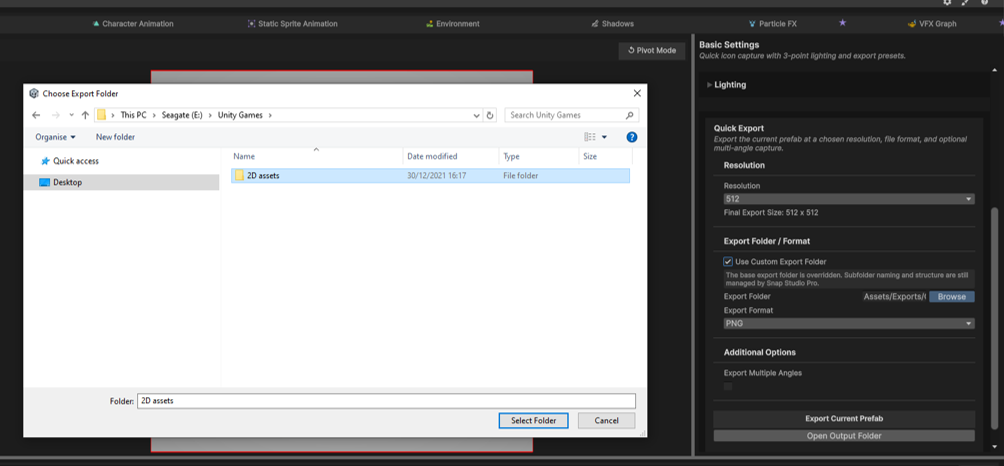 The Export Folder / Format group with a custom folder enabled and the format popup